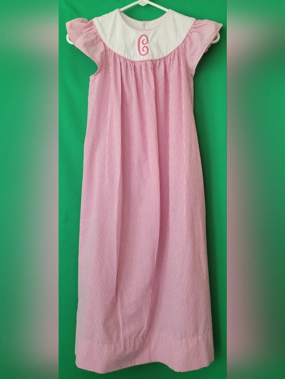 Girls Pink Seersucker Nightgown C Monogram Sz 7/8 Smocked Bishop Flutter Dress